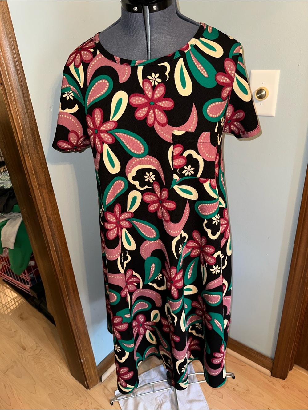 LuLaRoe Black Floral Carly Dress with Pink and Teal Accents